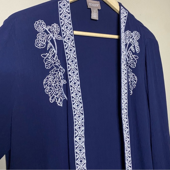 Chicos’s Open Front Duster Women Large Navy Embroidered White Floral Office - Picture 3 of 9